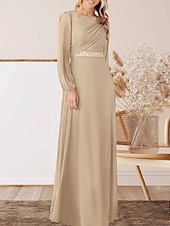 abordables Longueur du plancher-Robe A-Ligne pour Mère de la Mariée Invité de Mariage Élégante Col Arrondi Longueur Sol Chiffon Manches Longues avec Perles Ruché