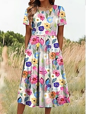 preiswerte Blumenkleid-Damen Midikleid T-Shirt-Kleid A Linie Kleid Sommerkleid Urlaub Lässig Täglich Ausgehen Sommerkleid Normale Passform Blumen Grafik Halbarm Rundhalsausschnitt Weiß Dunkelpink Blau Sommer Frühling