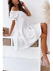 abordables Robes décontractées blanches-Femmes Mini Robe Robe Décontractée Robe d&#039;été Basique Moderne Quotidien Week-end Coupe régulière Uni Manche Courte Épaules Dénudées Noir Blanche Abricot Été