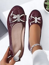 preiswerte Ballerinas für Damen-Damen-Lackleder-Schleifen mit Strass-Detail – klassische Slip-On-Schuhe für erwachsene Frauen, perfekt fürs Büro, tägliche Besorgungen, Abendessen und Feiertagstreffen