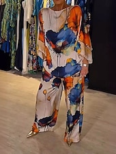 ieftine Trening pentru femei-Dame Mărime EU / US2 Pieces SetsModă Stilat Trening Bolero Top Lungime Manșon 3/4 Rotund Floral Imprimeu Purtare Zilnică Negru Galben Roz Îmbujorat Toate Sezoanele Potrivire Largă