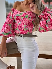 preiswerte Damen Grafik Tops-Damen Boho-Hemd Bluse Blume Modern Boho Langarm Schulterfrei Normale Oberteile Täglich Ausgehen Druck Erröten Sie Rosa Rosa Wein Rote Purpur Sommer