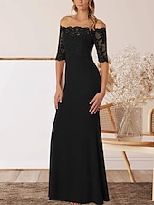 cheap Floor Length-A-Line Mother of the Bride Dress Wedding Guest Elegant Off Shoulder Floor Length Chiffon Half Sleeve with Lace