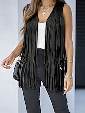 abordables chaquetas casuales-Mujer Chaqueta casual Chaleco Transpirable Cómodo Borlas Casual Plano Vacaciones Calle Casual Ropa Cotidiana Frente Abierto Regular Escote en Pico Ajuste regular Sin Mangas Ropa de calle Negro Rosa