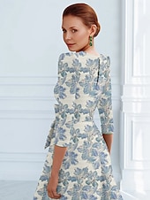 tanie Sukienki koktajlowe-Sukienki koktajlowe Jacquard Brokatowy w kształcie litery A Elegancka sukienka formalna weselna do kostek Krótki rękaw Z dekoltem w serek Nylon z kokardą(ami) Kieszonka Sukienka dla gościa weselnego