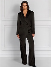 economico Tailleur pantalone della mamma-Tuta a Due Pezzi  Completo Completo per Madre della Sposa Giacca Doppiopetto Elegante Vintage Semplice Collo a V Lunghezza Piedi Satin Stretch Maniche Lunghe con Bottoni Coperti