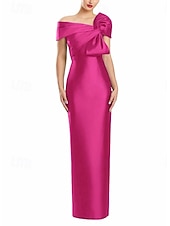abordables Robes de cocktail-Robe de Soirée Fourreau  Colonne Élégante Robe Formelle Mariage Longueur de Sol Manches Courtes Épaule Dénudée Satin avec Nœud(s)