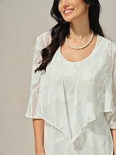 billige Dressy topper-Dame Trekker på skuldrene Helfarge Blomstret Grafisk Elegant Stilfull Grunnleggende 3/4 ermer Asymmetrisk Crop Tops Bryllupsgjest Strandbryllup Paljetter Lapper Hvit Sommer Vår Høst