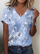 economico T-shirt floreale-Per donna Maglietta Floreale Grafico Piante Vintage Elegante Casual Manica Corta Scollo a V Top Regolari Quotidiano Stampato Rosa Blu Estate Primavera