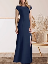 preiswerte Bodenlänge-Meerjungfrauenschnitt Brautmutterkleid Hochzeitsgast Elegant Süß Rundhalsausschnitt Bodenlang Spitze Stretchstoff Kappenärmel mit Spitze Geteilter Vorderteil 2025