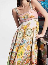 preiswerte Kleider aus Baumwolle und Leinen entwerfen-Damen Langes Kleid Maxikleid Baumwoll-Leinen-Kleider Freizeitkleid Mode Outdoor Party Ferien Normale Passform Ethnisch Kurzarm Träger Gelb Sommer