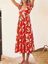 cheap Casual Floral Dresses-Women&#039;s Maxi Dress Casual Dress Casual Loose Fit Graphic Short Sleeve Crew Neck Magenta Dark Red Red Blue Summer
