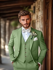 abordables Trajes de boda-Trajes de boda para hombre, color salvia, moda de verano, formales, de color liso, corte estándar, 3 piezas, botonadura sencilla, dos botones