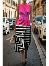 billiga Skriv ut blommiga klänningar-Dam Midiklänning Vardagsklänning Linneklänning Sommarklänning Mode Modern Dagligen Datum Helgen Normal Geometrisk Färggradient Ärmlös Rund hals Purpur Fuchsia Orange Grön Sommar