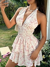 ieftine Rochii casual florale-Pentru femei Rochie Mini Rochie casual Rochie florala Modă În aer liber Petrecere Concediu Fit regulat Floare Fără manșon În V Roz Îmbujorat Albastru piscină Vară