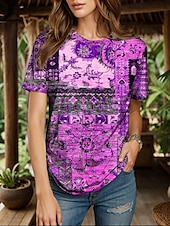 abordables T-shirt Boho-Femmes T-shirt Fleuri Graphique Géométrique ancien Élégant Classique Manche Courte Col ras du cou Col rond Hauts Réguliers Quotidien Week-end Imprimé Jaune Rose Claire Bleu Violet Vert Été Printemps