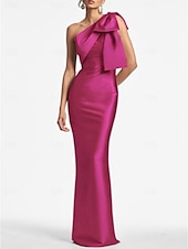 preiswerte SCHWARZ-Meerjungfrau Abendkleid Elegantes Kleid Formeller Hochzeitsgast Knöchellang Ärmellos Eine Schulter Satin mit Schleife(n) Schlitz Maskeradenkleid 2025