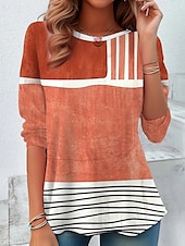 ieftine tricou grafic-Pentru femei Tricou Tee Top Bloc Culoare Modă Modern Manșon Lung Stil Nautic Topuri obișnuite Zilnic Imprimeu Portocaliu Maro Gri Vară Primăvară