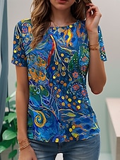 abordables T-shirt floral-Femmes T-shirt Fleuri Graphique Abstrait ancien Élégant Classique Manche Courte Col ras du cou Hauts Réguliers Quotidien Week-end Imprimé Jaune Rose Claire Bleu Été Printemps