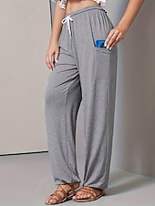 abordables jambe large et taille haute-Femmes Jambe large Slacks Pantalons Streetwear Occasionnel Longueur complète Naturel Uni Avec Poches Conception à cordon élastique Confortable Extérieur Rue Décontracté Quotidien Gris Noir Café Été