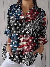 cheap Independence Day Top-Independence Day Women&#039;s Patriotic Fourth of July Shirt Graphic Flag USA Vintage Daily Stylish Long Sleeve Shirt Collar Regular Tops Work Daily Buttons Print White Blue Khaki Summer Spring
