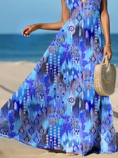 tanie Sukienki boho-Damskie Sukienka maxi Sukienka letnia Sukienka A line Sukienka na ramiączkach Urlop Codzienny Boho Plaża Regularny Graficzny Abstrakcja Zabytkowe Bez rękawów W serek Królewski błękit Lato Wiosna