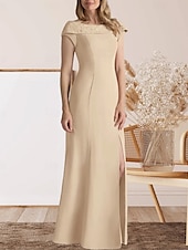 preiswerte Bodenlänge-Meerjungfrauenschnitt Brautmutterkleid Hochzeitsgast Elegant Süß Rundhalsausschnitt Bodenlang Spitze Stretchstoff Kappenärmel mit Spitze Geteilter Vorderteil 2025