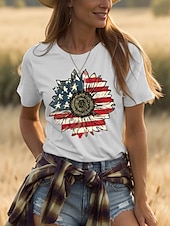 billige Uavhengighetsdag Topp-Kvinners patriotiske T-skjorte bomull skjorte grafisk flagg solsikke casual kortermet rund hals vanlige topper daglig trykk svart hvit grå sommer vår
