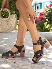 abordables Sandalias de tacón-Sandalias de tacón grueso para mujer con correa ajustable: zapatos retro de punta abierta cómodos para fiestas de verano en el jardín y eventos al aire libre.