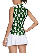 St. Patrick Women's Clover Tennis Shirt Sleeveless Print UPF50+ Quick Dry Tennis Golf Badminton Zip Collar Tee Tshirt Top Dark Green Spandex Tennis Clothing