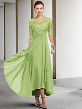 voordelige Vloerlengte-A-Lijn Moeder van de Bruid Jurk Bruidsgast Elegant Plus Size Hoog Laag V-Hals Asymmetrisch Enkel Lengte Chiffon Kant Halve Mouw met Beading Applicaties gratis maatwerk