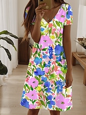 abordables Robes fleuries-Femmes Mini Robe Robe T-Shirt Robe d&#039;Été Robe trapèze Robe d&#039;été Vacances Occasionnel Quotidien Fête du thé Sortir Coupe régulière Fleuri Graphique Manche Courte Col en V Vert Claire Bleu Bleu Ciel