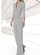 abordables Costumes-pantalons pour maman-Ensemble pantalon 2 pièces mère de la mariée invité de mariage élégant encolure en V longueur de sol chiffon extensible manches 3/4 wrap inclus avec boutons 2025 taille personnalisée gratuite