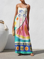 ieftine proiectează rochii din bumbac și in-Pentru femei Rochie Lunga Rochie Maxi Rochii de in bumbac Rochie casual Rochie Slip Modă În aer liber Petrecere Concediu Fit regulat Bloc Culoare Fără manșon Bretele Spagheti Albastru piscină Vară