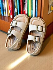 billiga Barnsandaler-Beige skolsandaler med dubbla spännen för flickor – bekväma halkfria skor för skolstart och vardagsbruk