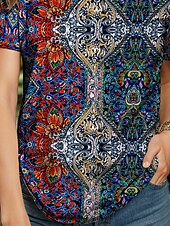 billige Boho t-skjorte-Dame T skjorte Blomstret Grafisk Planter Bohem Årgang Etnisk Kortermet Crew-hals Rund hals Vanlige topper Daglig Ut på byen Helg Trykt mønster Gul Rød Blå Grønn Sommer Vår