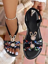 tanie Płaskie sandały-damskie sandały boho z plecionym paskiem – wygodne płaskie letnie buty z akcentami z kamieni szlachetnych na plażę, wakacje i na co dzień