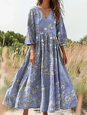 levne Elegantní květinové šaty-Dámské bavlněné lněné maxi šaty, letní šaty, plisované šaty na dovolenou, ležérní boho, na výlety, plážové, volný střih, 3/4 rukáv, výstřih do V, růžová, modrá, oranžová