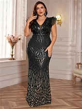 baratos Champanhe-Vestidos Sereia  Trompete Plus Size Vestido Elegante Curvas Formal Casamento Comprimento do Chão Sem Mangas Decote em V Com Lantejoulas com Lantejoulas