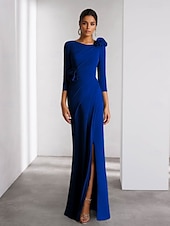 cheap GREEN-A-Line Evening Gown Elegant Dress Formal Wedding Floor Length Long Sleeve Crew Neck Detachable Stretch Crepe with Shouder Flower