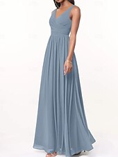baratos Vestidos para Madrinhas-Vestido de Dama de Honra A-Line Decote V Sem Mangas Elegante Comprimento Total Chiffon com Plissado  Franzido