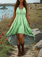 preiswerte Ausgefallene Kleider-Damen Midikleid A Linie Kleid Sommerkleid Urlaub Lässig Boho Ausgehen Strand Normale Passform Blumen Grafik Ärmellos V Ausschnitt Blau Purpur Grün Khaki Sommer Frühling