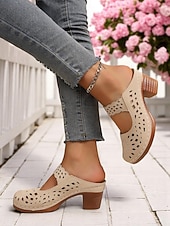 billiga Träskor och tofflor till damer-Damslip-on ihåliga mules med grov klack – vintagesandaler i konstläder, perfekta för avslappnade promenader, brunch i trädgården, konstmässor utomhus och vårresor
