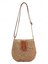tanie Torby na ramię-damska pleciona słomiana torba typu crossbody ze skórzanym paskiem - szykowna torebka w stylu boho na lato, plażę i niezobowiązujące wyjścia