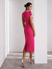 economico Abiti da cocktail-Abiti da cocktail eleganti, formali, da cerimonia, da invitata, in rosa, a maniche corte, con scollo rotondo, in crêpe elasticizzata con fiori sulle spalle, lunghezza alla caviglia, 2025