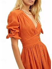 abordables concevoir des robes en coton et lin-Femmes Robe Midi Robes en coton et lin Robe Décontractée Robe bohème Élégant Mode Extérieur Soirée Fête Coupe régulière Uni manche longue Col en V Orange Été