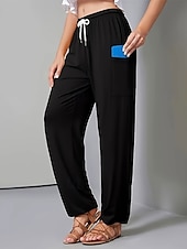 abordables jambe large et taille haute-Femmes Jambe large Slacks Pantalons Streetwear Occasionnel Longueur complète Naturel Uni Avec Poches Conception à cordon élastique Confortable Extérieur Rue Décontracté Quotidien Gris Noir Café Été