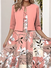ieftine rochie florală-Pentru femei Set de rochii Rochie A line Rochie de vară Petrecere Rochii Semi Formale Floral Grafic Imprimeu Rochii Midi Manșon Jumate În V Invitat la nunta Zilnic Roz Îmbujorat Albastru piscină Mov