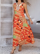 preiswerte Boho Kleider-Damen Maxikleid A Linie Kleid Sommerkleid Urlaub Täglich Ferien Lässiger Schnitt Blumen Grafik Ärmellos V Ausschnitt Orange Sommer