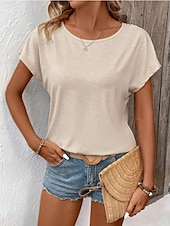 preiswerte Einfarbiges T-Shirt-Damen T-Shirt Einfarbig Einfach Mode Modern Lässig Kurzarm Rundhalsausschnitt Regulär Oberteile Täglich Wochenende Spitze Patchwork Schwarz Weiß Pink Khaki Sommer
